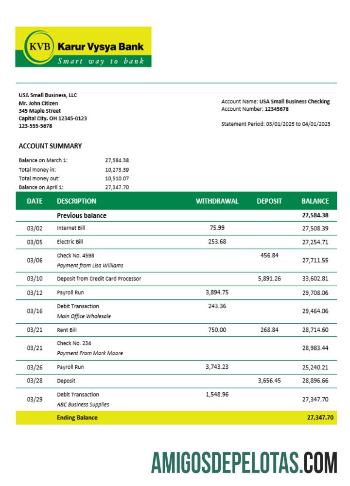 Imprimível KVB Company Extrato de conta corrente modelo Word e PDF
